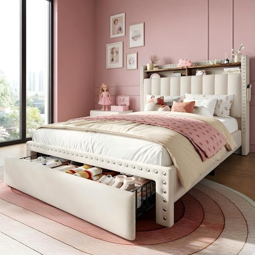 EnHomee Twin Fabric Upholstered Bed Frame with 2-Tier Vertical Channel Tufted Headboard and 2 Storage Drawers, Extra Storage Space for Bedroom Apartment, Beige