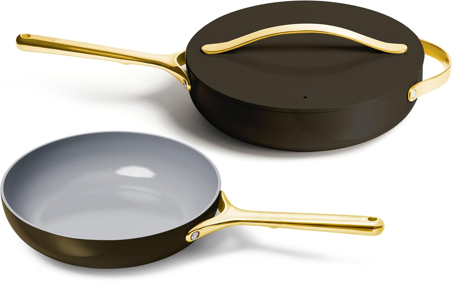 Caraway Fry Pan and Sauté Pan Duo - 10.5' Ceramic Frying Pan and 11.8' Deep Sauté Pan with Lid - Non Stick, Non Toxic, Oven Safe - Black