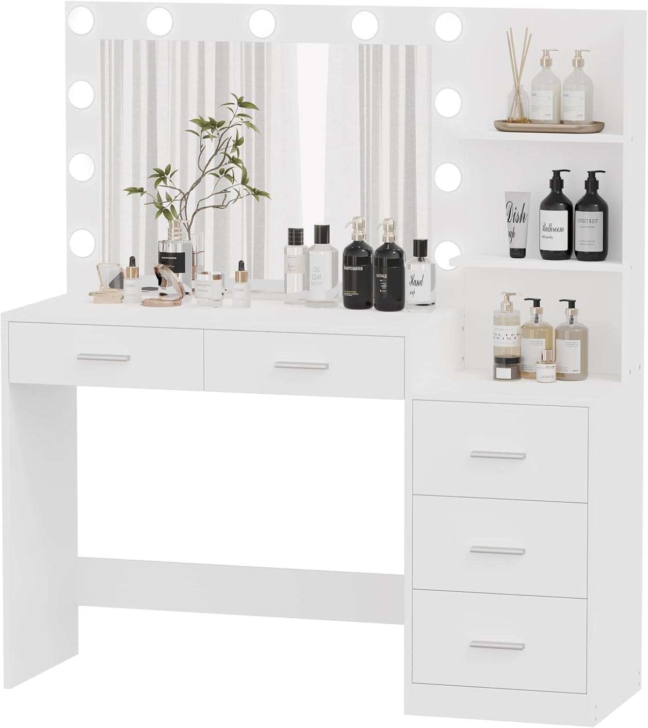 Rovaurx 46.7' Makeup Vanity Table with Lighted Mirror, Large Vanity Desk with Storage Shelf & 5 Drawers, Bedroom Dressing Table, 11 LED Lights, White