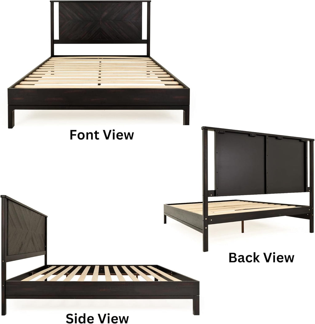 Bme Vivian Queen Bed Frame with Headboard, 14 Inch Deluxe Rustic Scandinavian Style - Solid Acacia Wood - No Box Spring Needed - 12 Strong Wood Slat Support - Easy Assembly - Rustic Black
