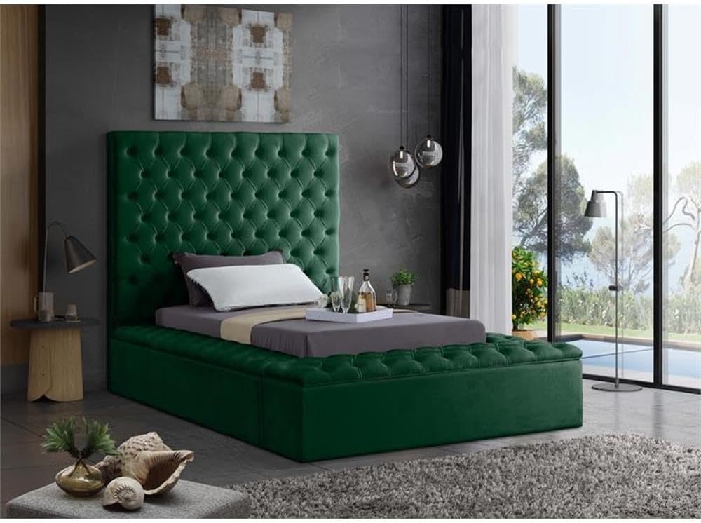 Meridian Furniture Bliss Collection Modern | Contemporary Velvet Upholstered Bed with Deep Button Tufting and Storage Compartments in Rails and Footboard, Green, Twin