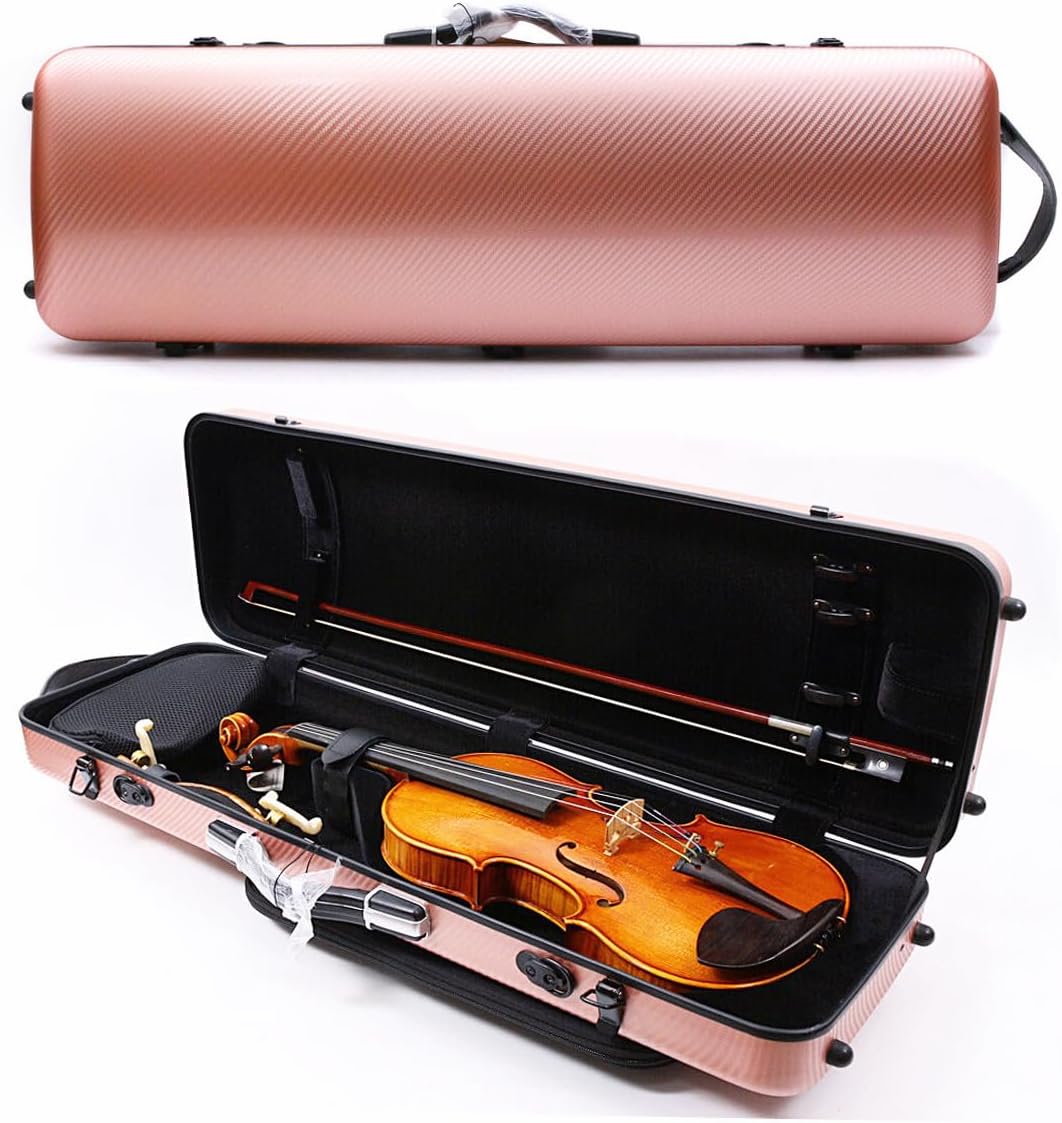 Violin case 4/4 Full size High strength Carbon fiber hard shell Durable handles Internal storage with Backpack straps Music Sheet bag (Rose gold,Buckle lock)