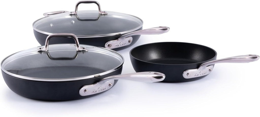All-Clad HA1 Expert Hard Anodized NonstickFrying Pans Skillets Set with Lids (8', 10' & 12') Dishwasher-Safe, Oven-Safe Up to 500°F Compatible with All Stovetops (Gas, Electric & Induction) - Black
