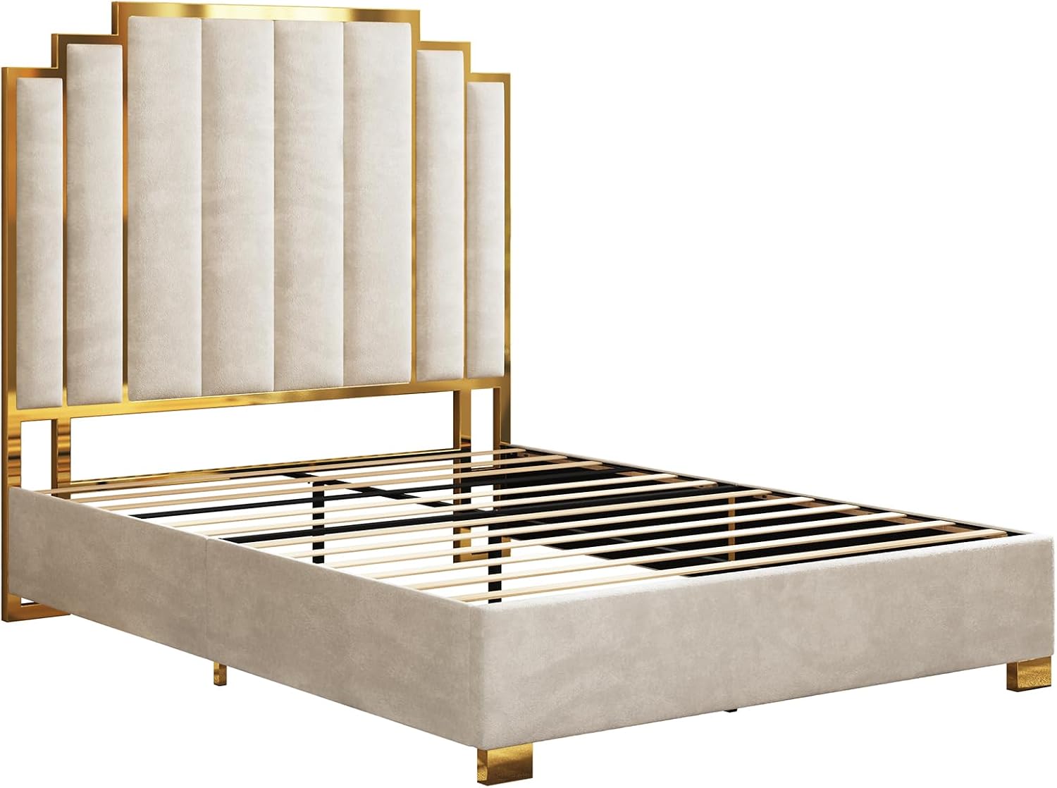AMERLIFE Queen Size Upholstered Bed, Modern Velvet Bed Frame with 61.4' Tall Gold Trim Headboard, No Box Spring Needed, Cream