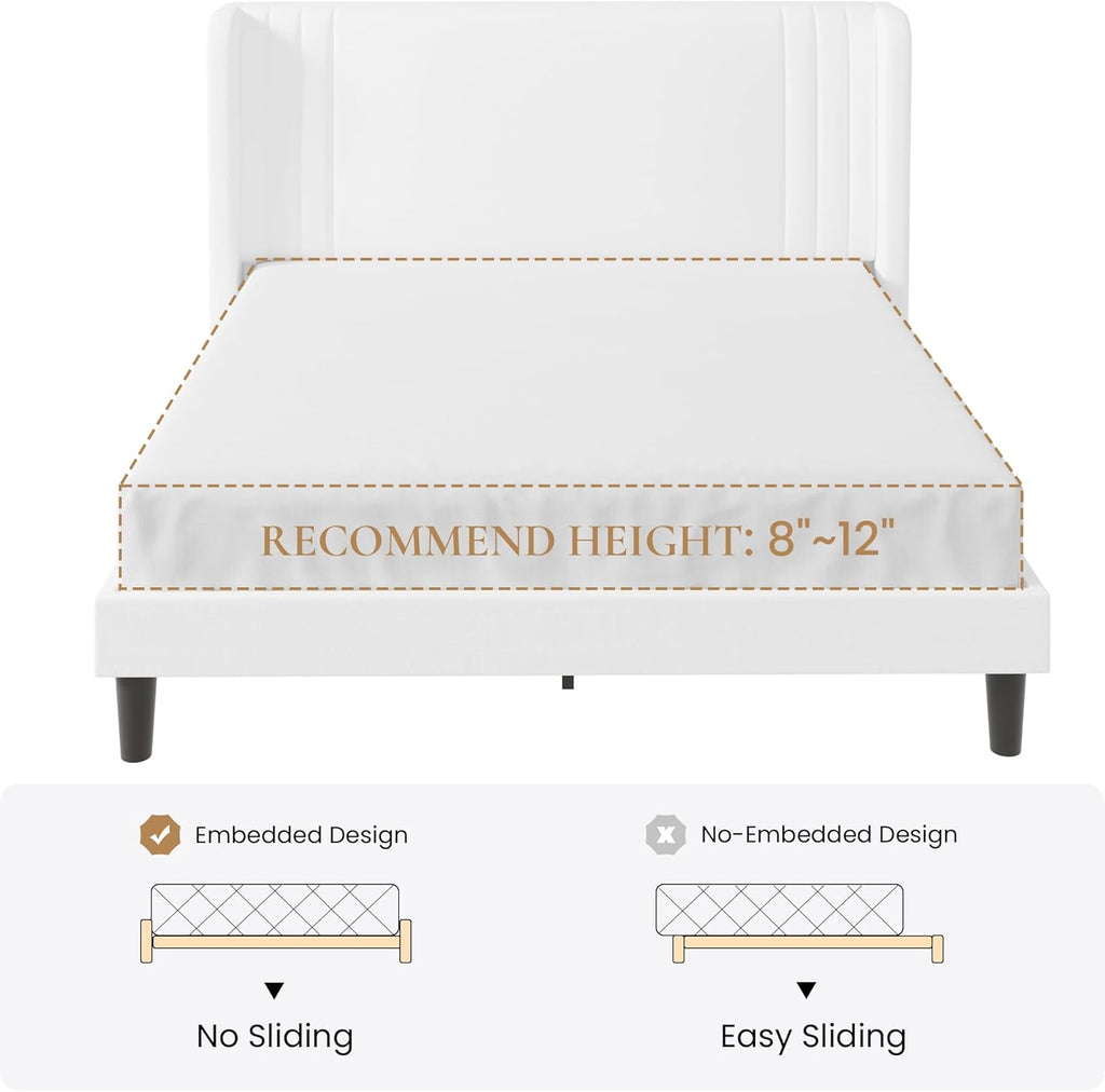 SHA CERLIN Full Size Velvet Upholstered Platform Bed Frame with Vertical Channel Tufted Wingback Headboard, Wooden Slats Support, Easy Assembly, Under Bed Storage, No Box Spring Required, White