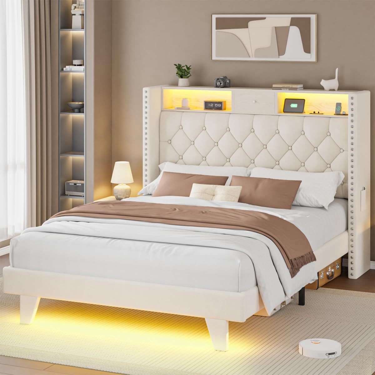LED Queen Size Bed Frame with USB Charging Station, Velvet Upholstered Platform Bed Frames with Button Tufted Wingback Storage Headboard, Wooden Slats Support, No Box Spring Needed, Beige