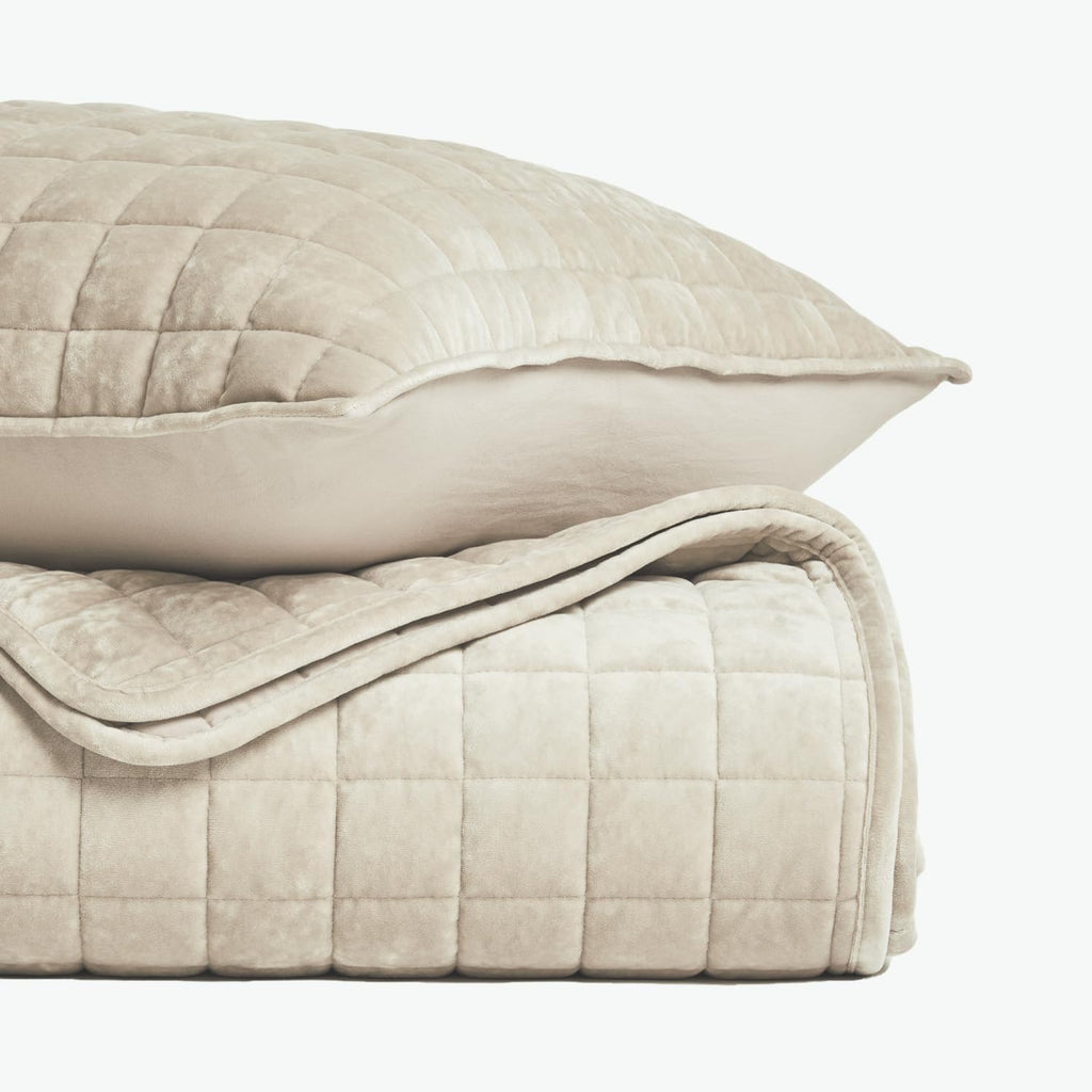 RECYCO Luxury Velvet Quilt Set, California King 118'' x 106'' Oversized Bedspread, Ultra Soft Velvet Comforter, Lightweight Box Stitch Bedding Sets for All Season, with 2 Shams, Beige