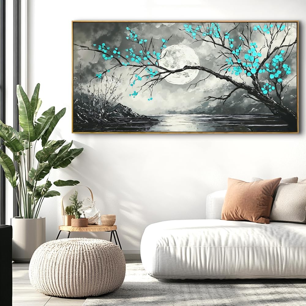 Abstract Moon Landscape Wall Art - Large Framed Canvas Painting for Living Room, Bedroom, Modern Artwork Decor - 60x30 Inch Ready-to-Hang