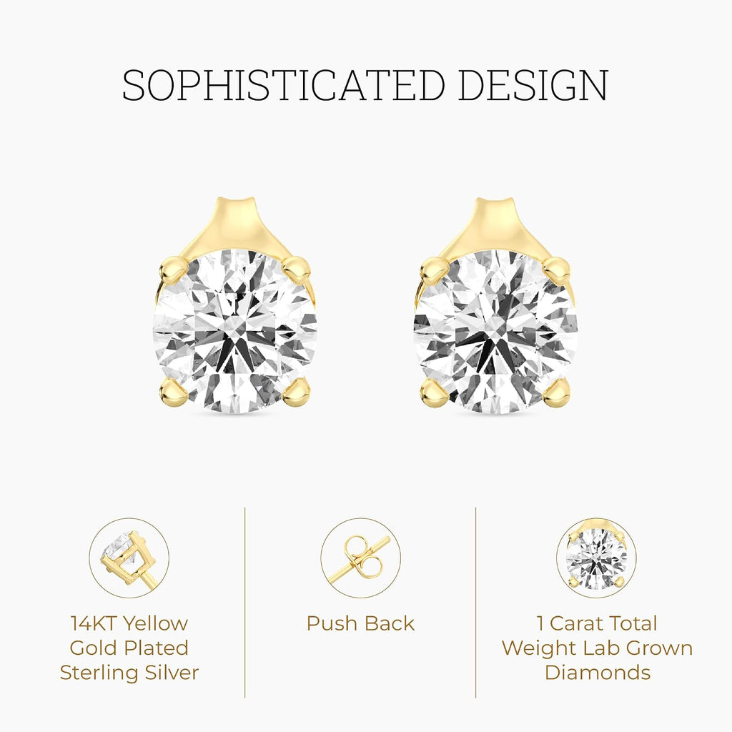 Gilded Lab-Grown Diamond Stud Earrings | 925 Sterling Silver Studs and 14KT Gold 925 Plated Silver | Hypoallergenic Fine Jewelry | 4-Prong Basket, Push Back Nut | Round Cut, SI1 Clarity, F Color | 1/10,1/5,1/4,1/3,3/8,1/2,3/4,7/8,1,1 1/2 ct tw