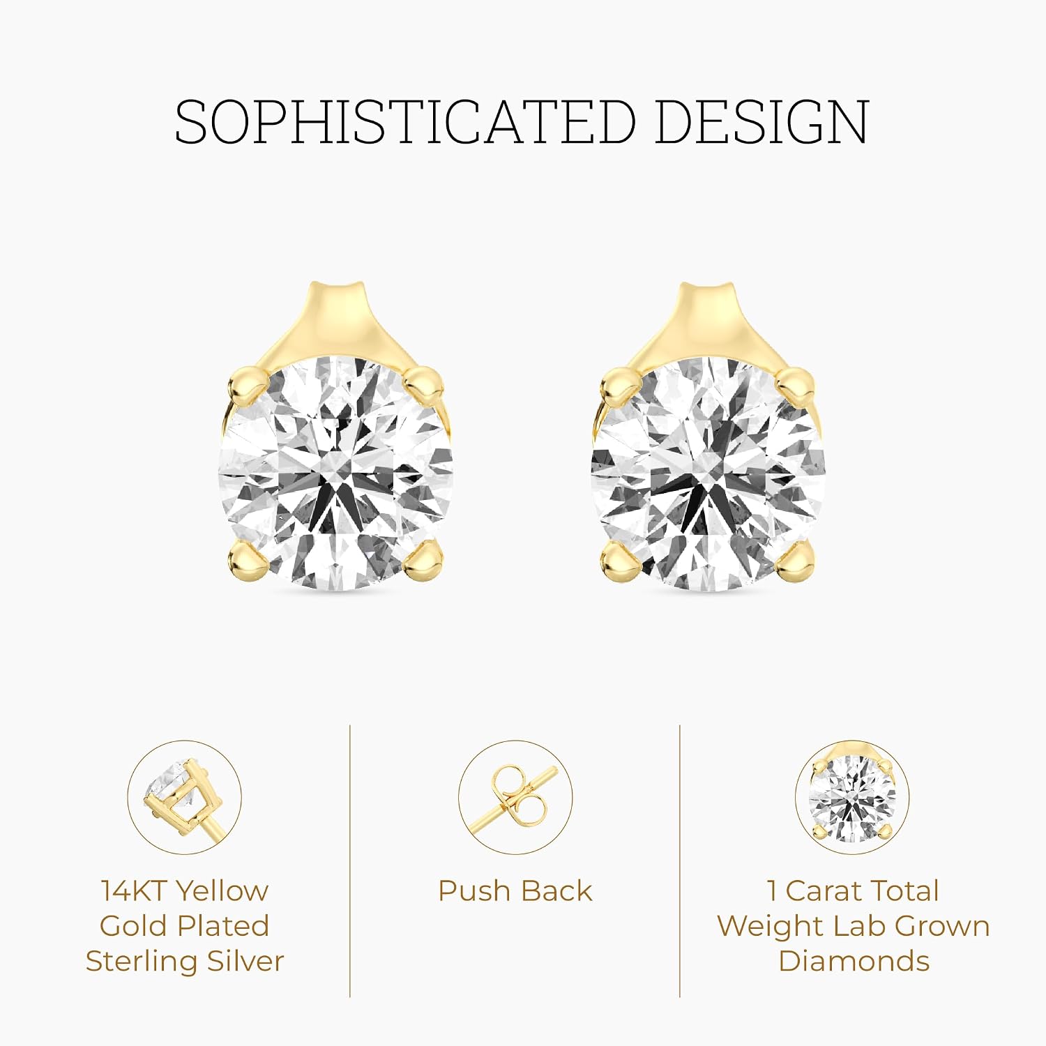 Gilded Lab-Grown Diamond Stud Earrings | 925 Sterling Silver Studs and 14KT Gold 925 Plated Silver | Hypoallergenic Fine Jewelry | 4-Prong Basket, Push Back Nut | Round Cut, SI1 Clarity, F Color | 1/10,1/5,1/4,1/3,3/8,1/2,3/4,7/8,1,1 1/2 ct tw