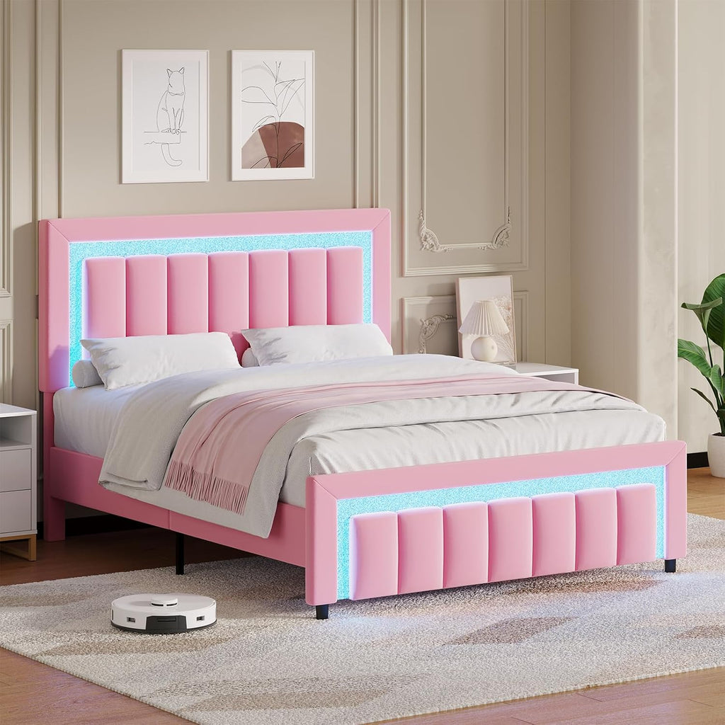 HOMBCK Full Size Bed Frame with LED Lights and Velvet Upholstered Adjustable Headboard, Bed Frame Full with Diamond Headboard & Footboard, Wooden Slats Support, Noise Free, No Box Spring Needed, Pink