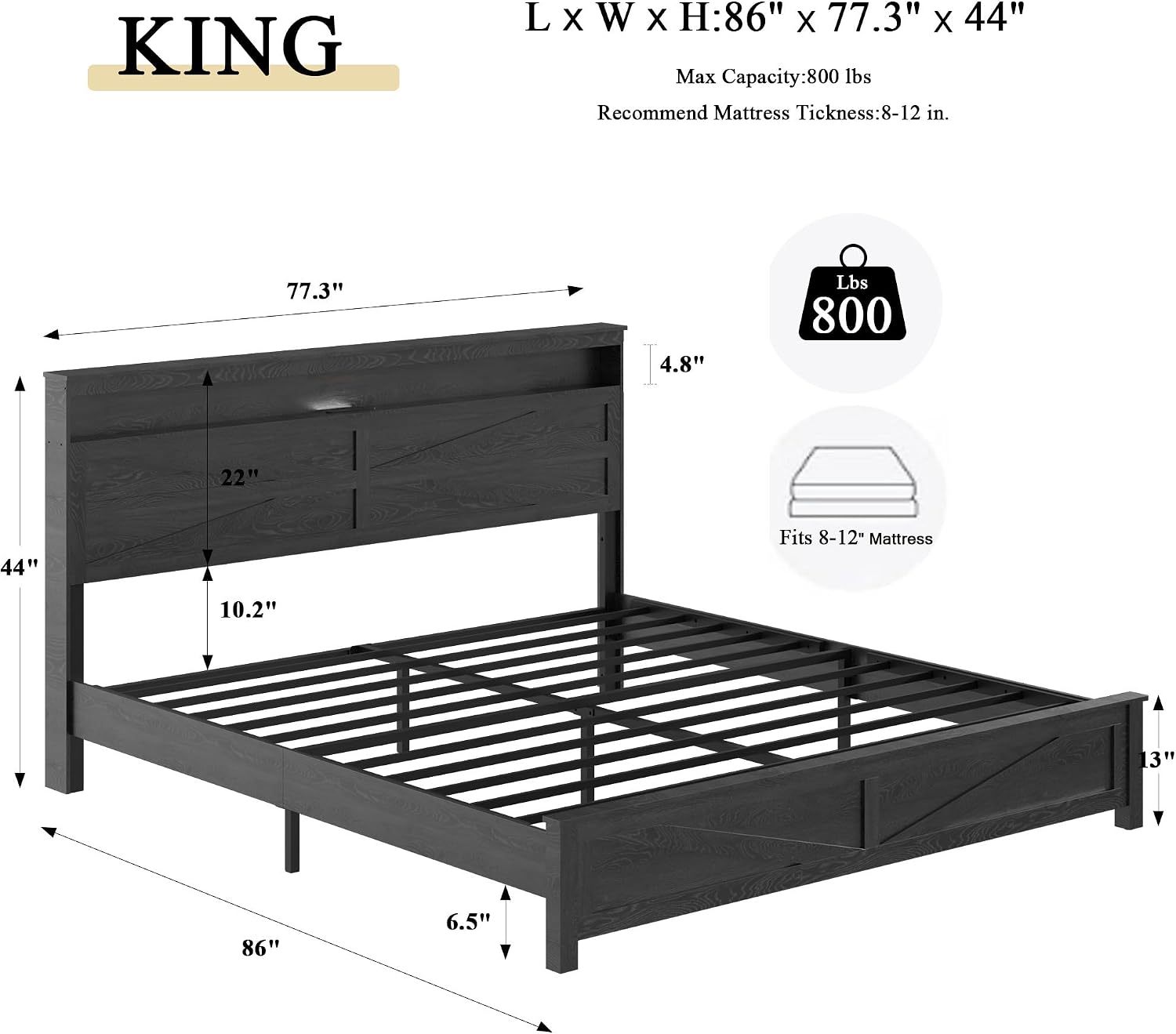 Farmhouse Wooden Bed Frame King Size with Storage Headboard, Boho Platform Bedframe with LED Lights and Charging Station, Metal Slats Support, No Box Spring Needed, Rustic Black