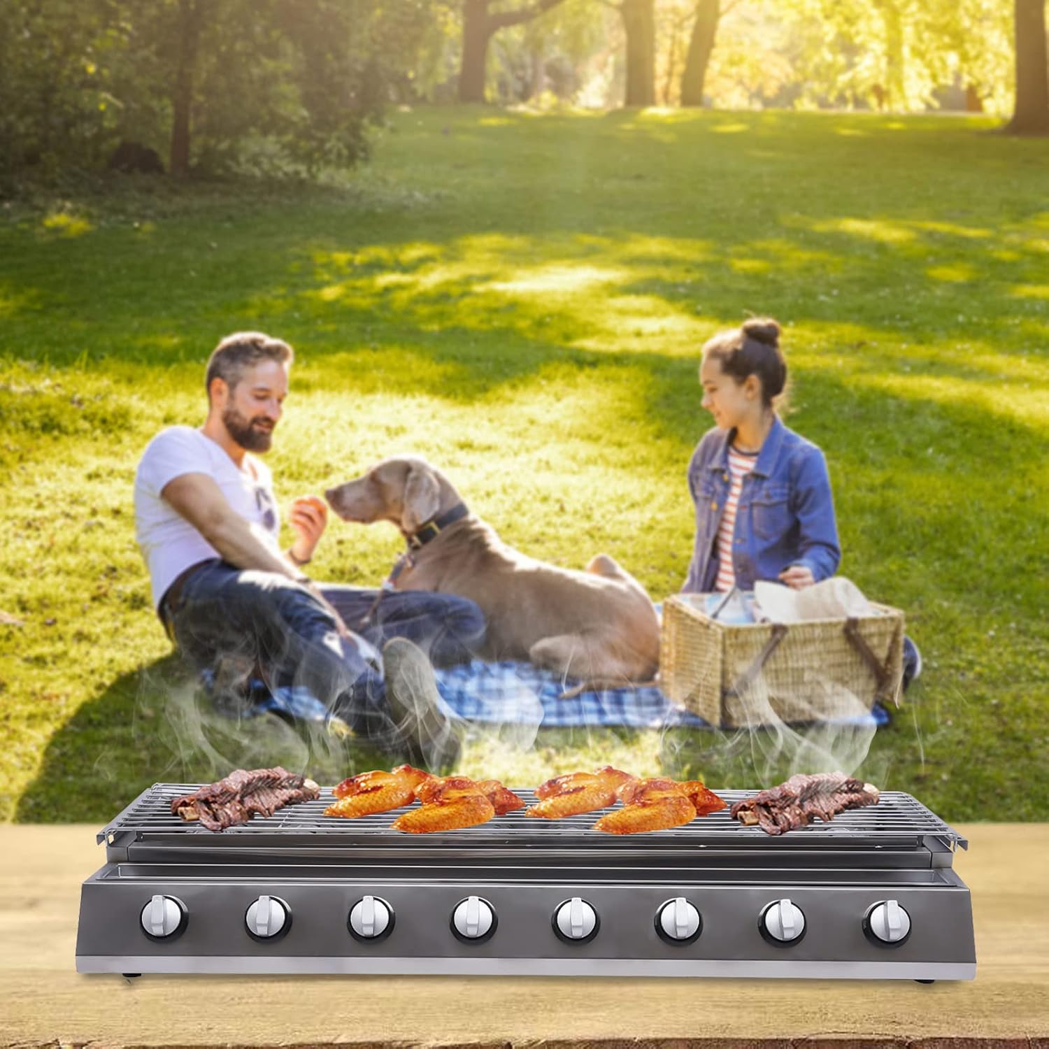 LYNICESHOP 8 Burners BBQ Gas Grill, BBQ Gas Grill LPG Tabletop Gas Grill Stainless Steel w/Steel Shield Gas Grill Griddle Patio Garden Barbecue Grill with Adjustable Height for Party Backyard BBQ