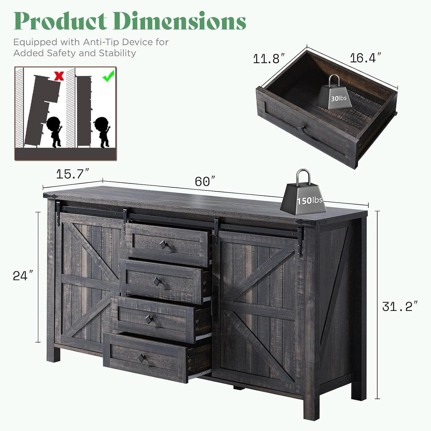 AMERLIFE 4-Piece Farmhouse Bedroom Set in Black Oak, Queen Size Bed Frame with Bookcase Headboard, 5-Drawer Tall Dresser, 47'' Dresser with 4 Drawers, 60' Dresser with 4 Drawers