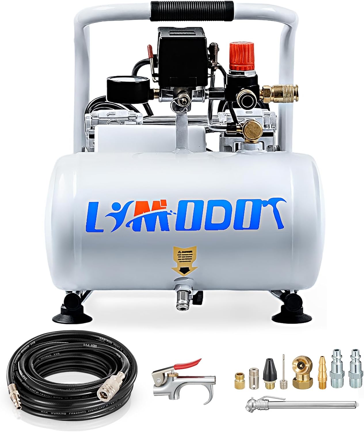 Limodot Ultra Quiet Air Compressor, Only 60dB, 1 Gallon Steel Tank, Oil-Free, Electric Air Compressor Perfect for Woodwork Nailing, Garage, Car, Pneumatic Tool, Includes 25 Ft. Air Hose Kit