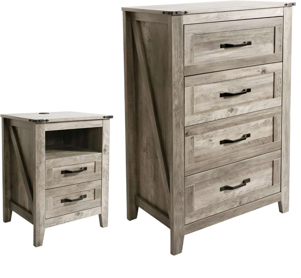 NEDYO 2PCS Rustic Dresser and Nightstand Set, Farmhouse 4 Drawer Dresser and 2 Drawer Nightstand with Charging Station, Wooden Bedroom Dresser Set. Light Rustic Oak