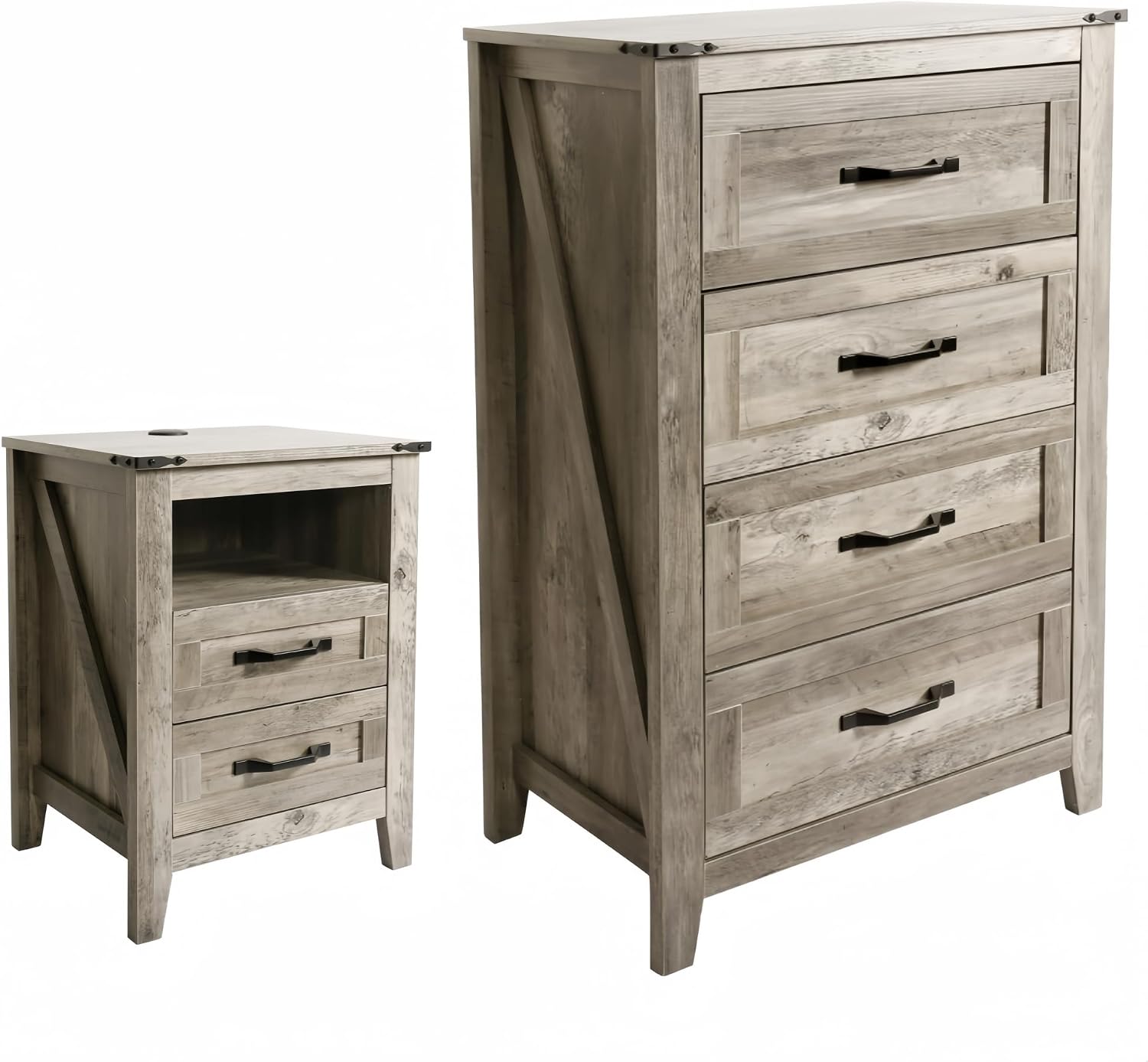 NEDYO 2PCS Rustic Dresser and Nightstand Set, Farmhouse 4 Drawer Dresser and 2 Drawer Nightstand with Charging Station, Wooden Bedroom Dresser Set. Light Rustic Oak