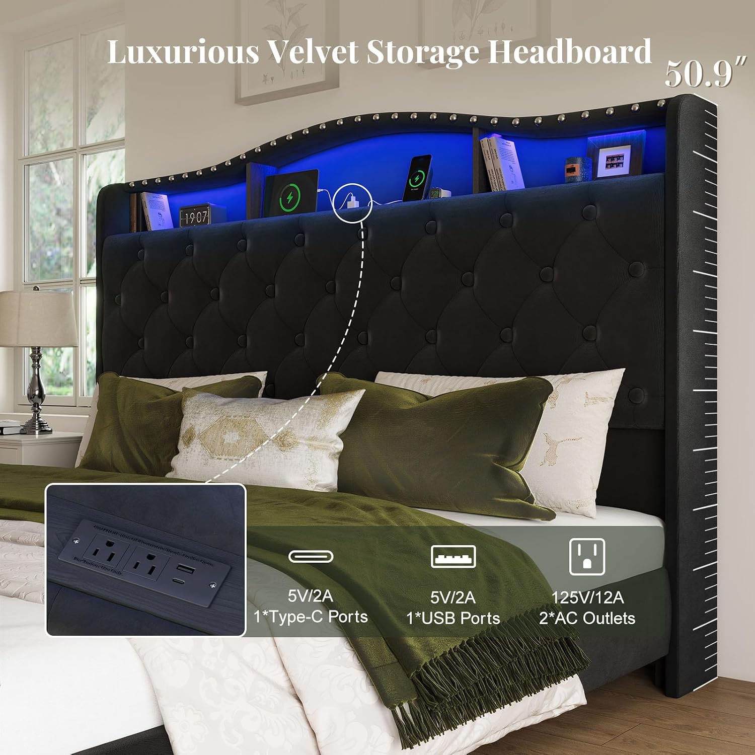 Belffin Queen Size Bed Frame and Headboard, 50.9' Velvet Upholstered Wingback Bedframe with LED Lights & Storage/Charging Station, Button Tufted Tall Footboard, No Box Spring Needed, Noise-Free, Black