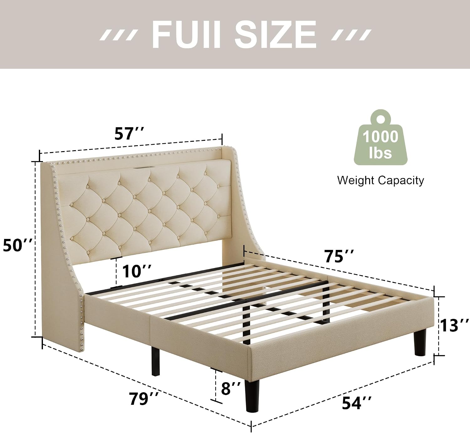 Feonase Full Size Bed Frame with Luxury Wingback and Fast Charging Station,Full Upholstered Button Tufted Storage Headboard Platform Bed, Sturdy Wooden Slats Support, Noise-Free, Easy Assembly, Beige