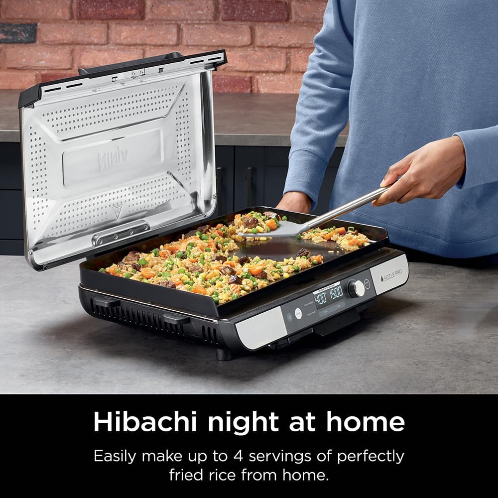 Ninja Sizzle Pro XL 20-Inch Indoor Griddle + Grill, Detachable Ventilated Lid, Grease Control, Ceramic Nonstick Plates, Even Edge-to-Edge Cooking, XL Capacity, Versatile, Silver GX101 (Renewed)