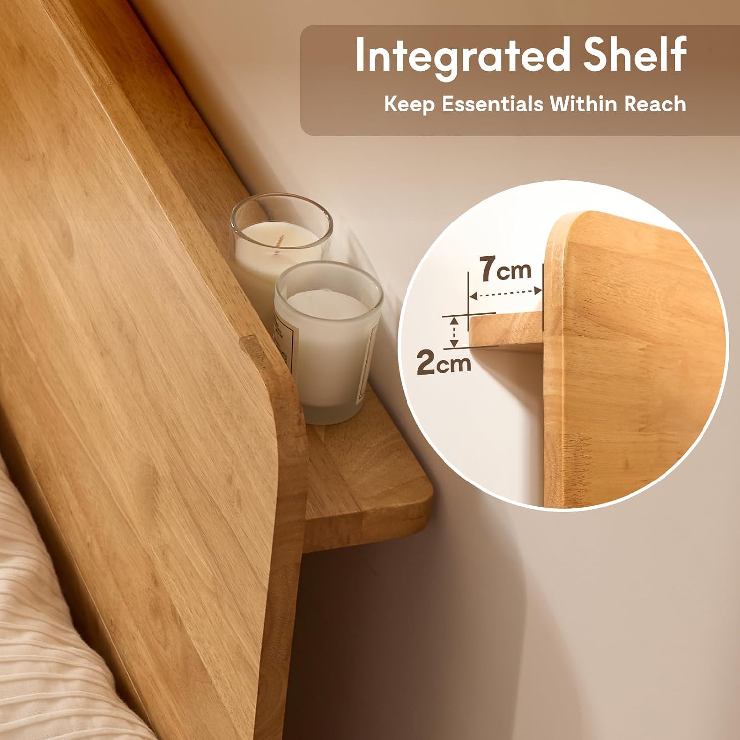 FLEXISPOT Hako G1 Solid Wood Platform Bed Frame Queen,Rubberwood,Tool-Free Assembly,Low Profile Floating,Storage Shelf&Charging Station,Modern Scandinavian Japanese Minimalist,Heavy Duty,Natural Oak