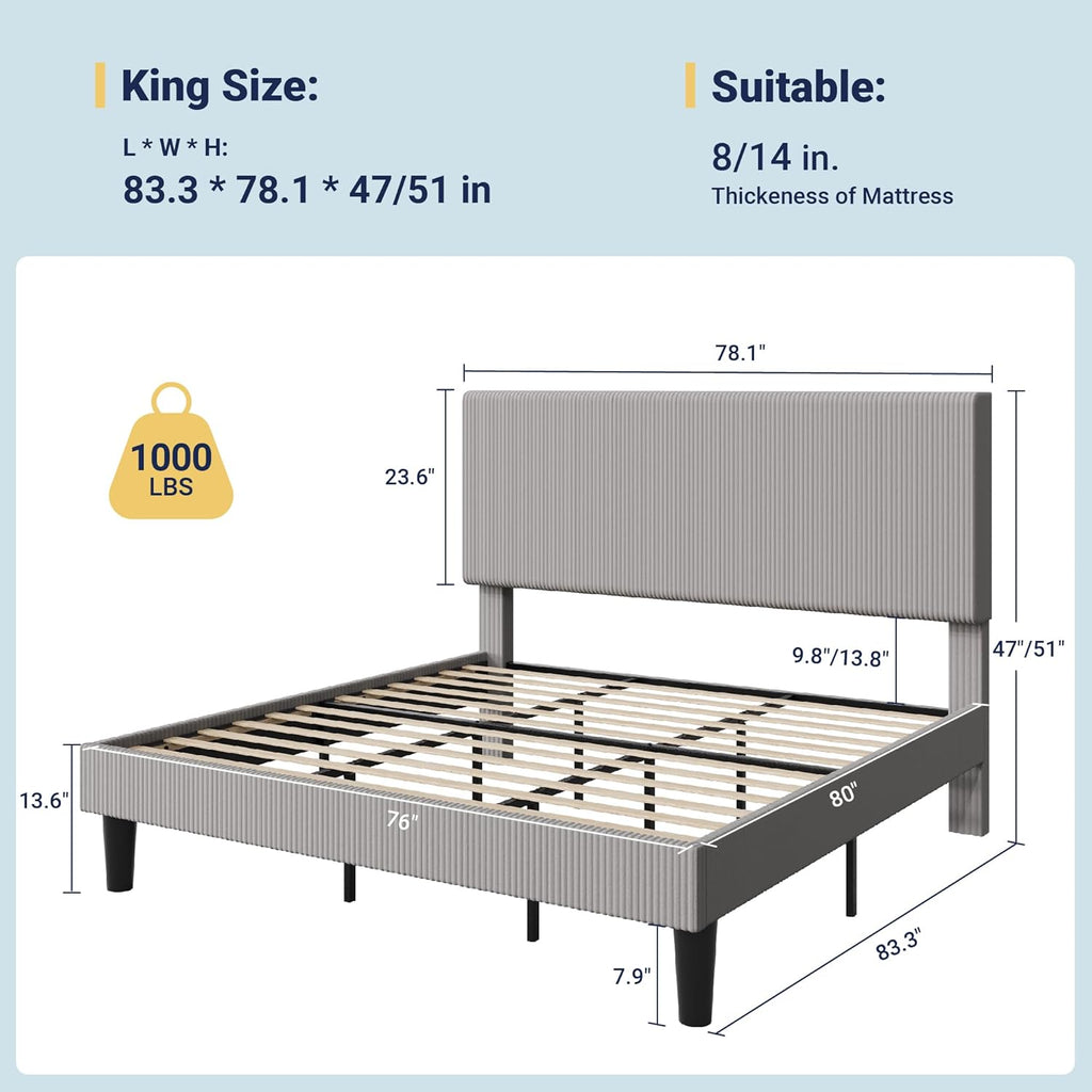 Allewie King Size Upholstered Bed Frame with Vertical Channel Tufted Headboard, Soft Corduroy Fabric Platform Bed, Strong Wooden Slats Support, Easy Assembly, No Box Spring Needed, Light Grey