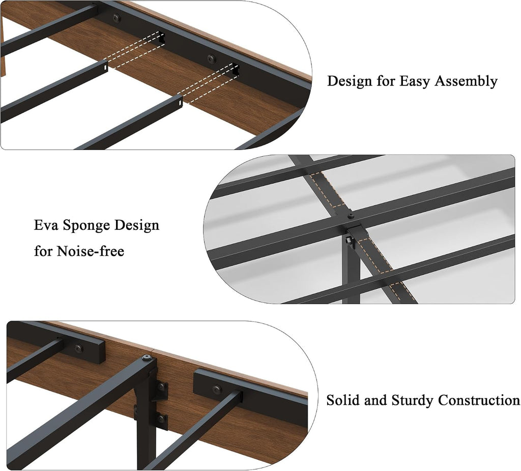 Farmhouse Wooden Bed Frame Queen Size with Storage Headboard, Boho Platform Bedframe with LED Lights and Charging Station, Metal Slats Support, No Box Spring Needed, Deep Brown