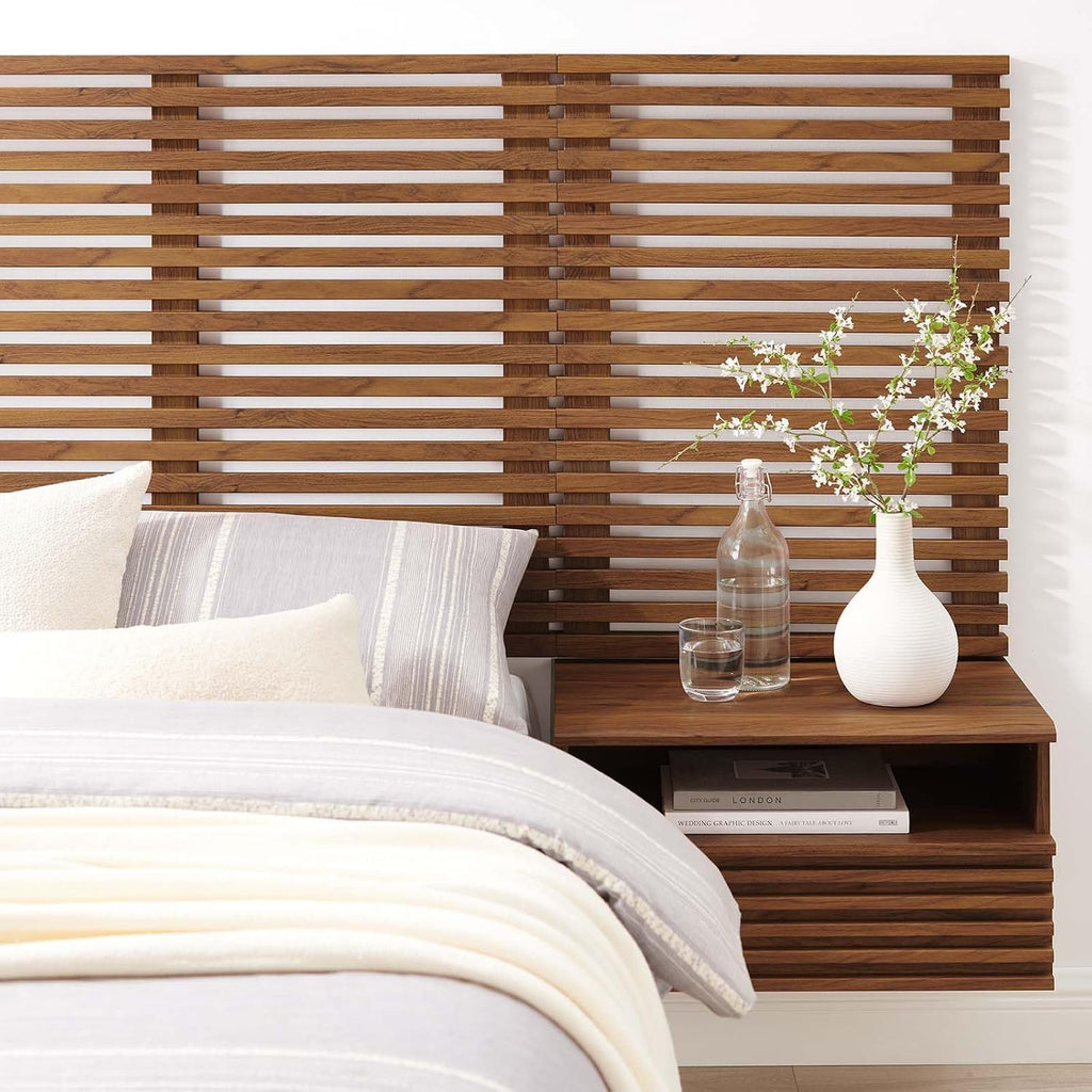 Modway Render Wall-Mount Headboard and Modern Nightstands Bedroom Set, Twin, Walnut