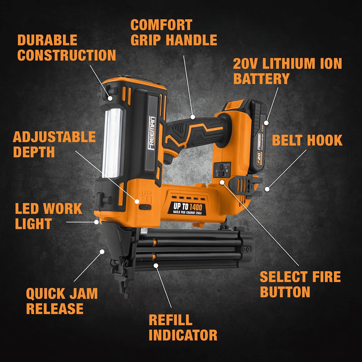 Freeman PE20VBR50 20 Volt Cordless 18-Gauge 2' Brad Nailer Kit with Lithium Ion Battery, Charger, Bag, and Nails (500 Count) – 1400 Shots per Charge