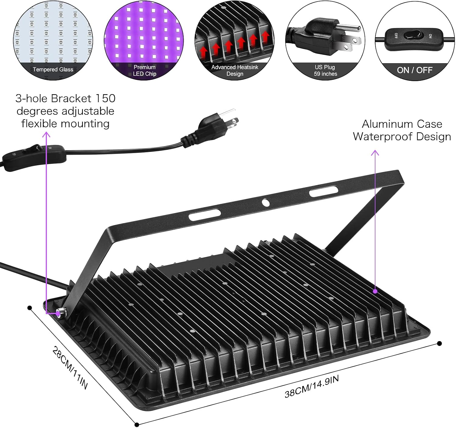 XYCN 4 Pack 300W LED Flood Black Lights,395nm to 405nm UV Outdoor Flood High Power Blacklight Light with Plug in, IP66 Waterproof Large Black Light Spotlight for Glow Party Large Space, Halloween