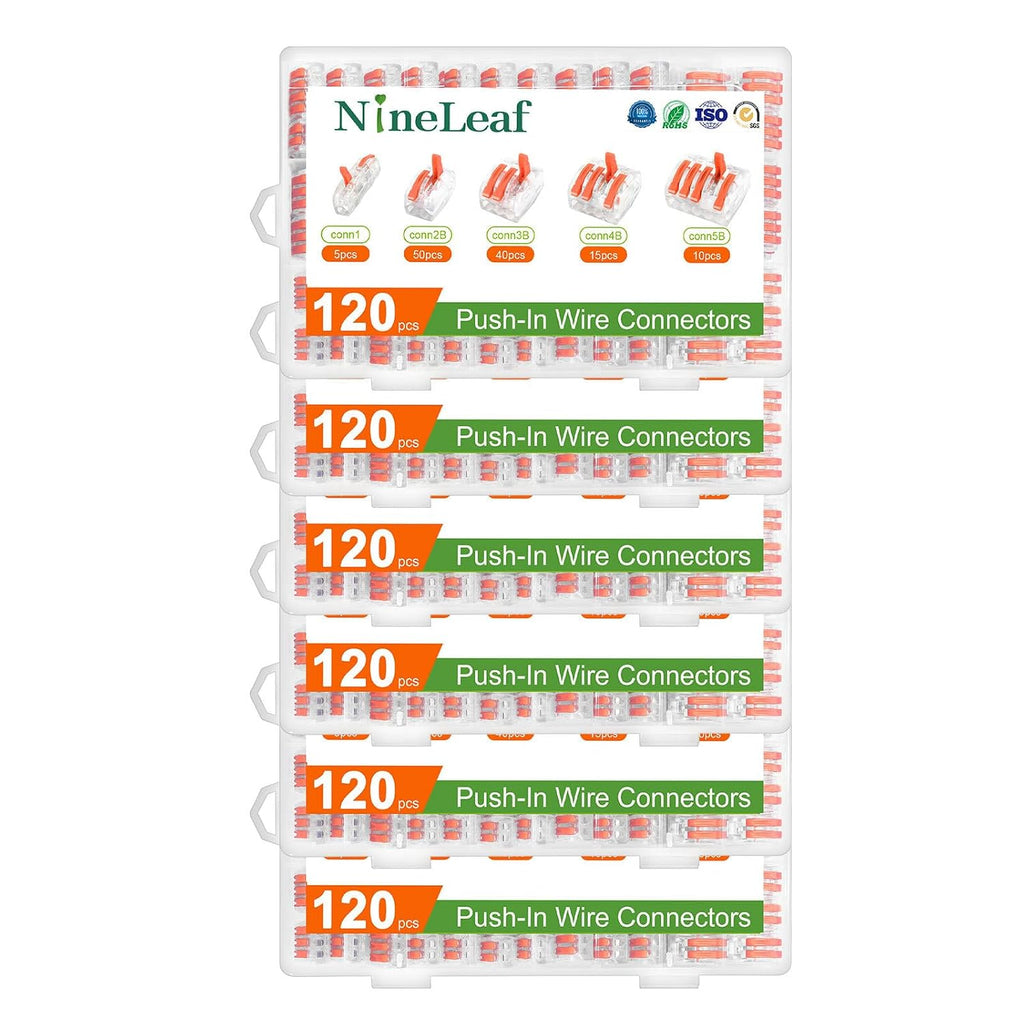 NineLeaf 120 Pcs Lever Wire Connectors Kit, 1/2/3/4/5 Port Combination, Push-in Electrical Wire Nuts AWG 28–12, Reusable Transparent Quick Connectors with Voltage Test Hole,6Set