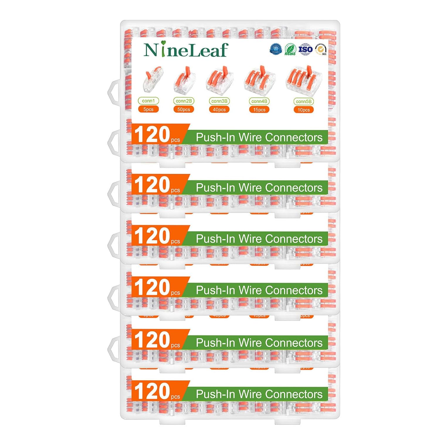 NineLeaf 120 Pcs Lever Wire Connectors Kit, 1/2/3/4/5 Port Combination, Push-in Electrical Wire Nuts AWG 28–12, Reusable Transparent Quick Connectors with Voltage Test Hole,6Set