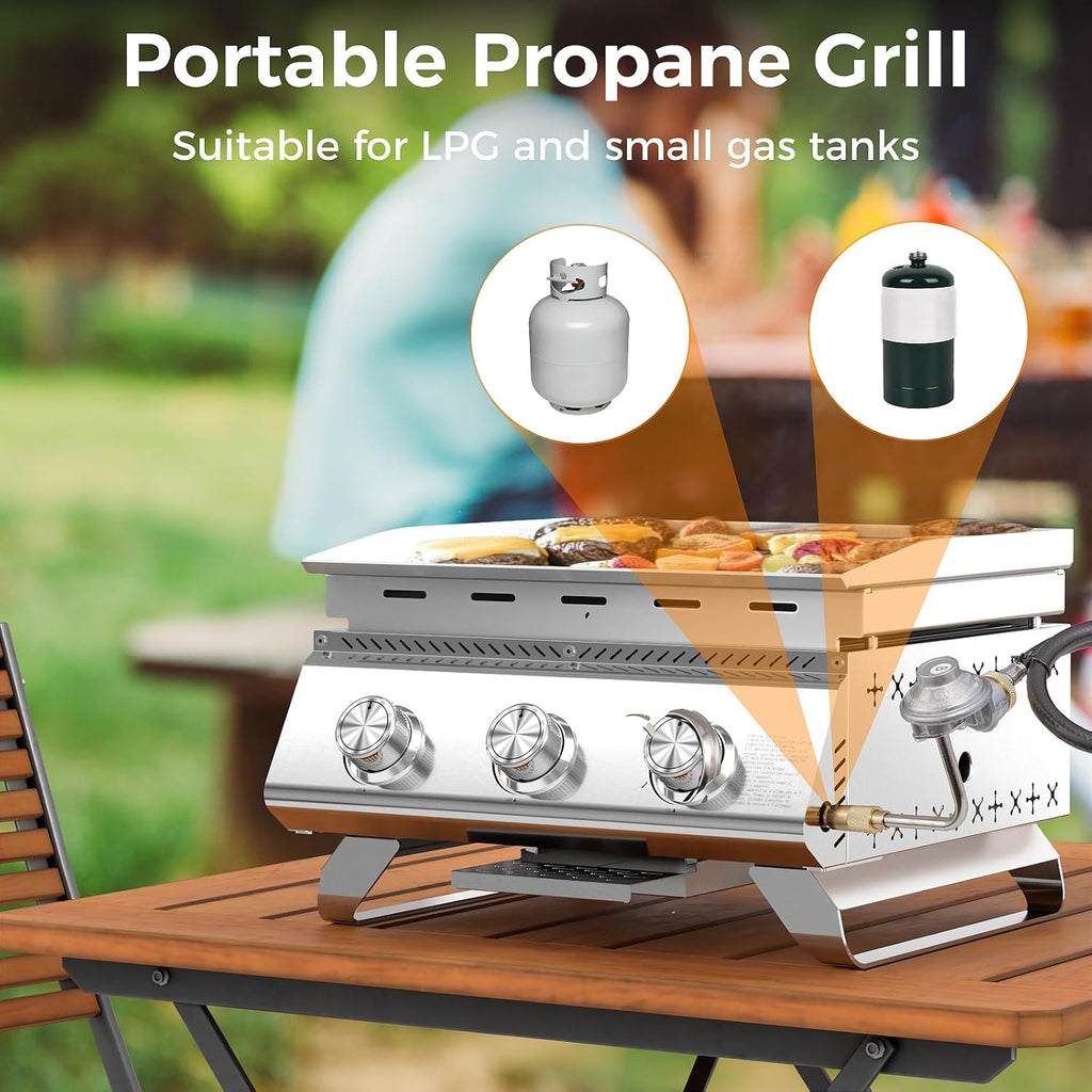 WAA 24000BTU Portable Propane Griddle, Tabletop Portable Propane Gas Grill with 3 Burners, Stainless Steel Flat Top Grill, Outdoor Cooking for Tailgating,Camping, RVs, BBQ, Patio, Silver