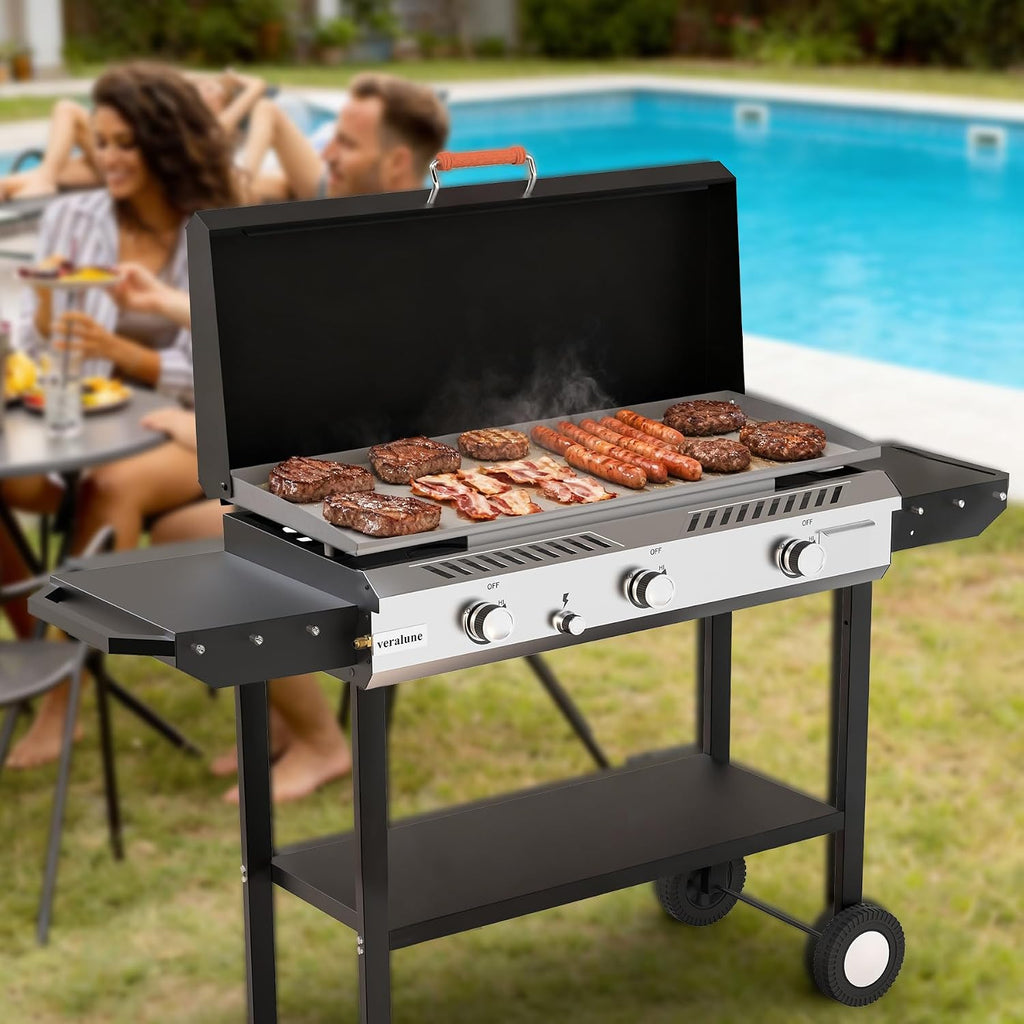 Veralune 2 in 1 Flat Top Gas Grill with Lid, Propane Gas Griddle, Outdoor Griddle Grill, Folding Side Shelves, Push-Button Ignition, Large Cooking Area