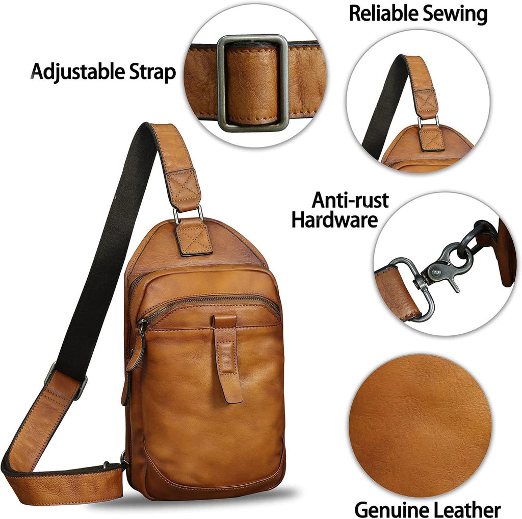 Genuine Leather Silng Bag for Men and Women Retro Leather Sling Backpack Purse Shoulder Crossbody Bag Chest Bag