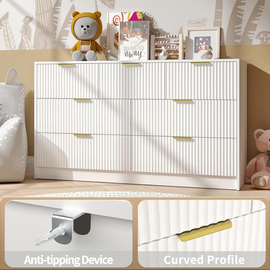 7 Drawer Dresser and Nightstand Sets, 3 Pcs Bedroom Set for Bedroom, Fluted Night Stand Set of 2 & 55' Wide Dresser w/Gold Handles, Modern Wood Chest of Drawers Storage Cabinet Set, White