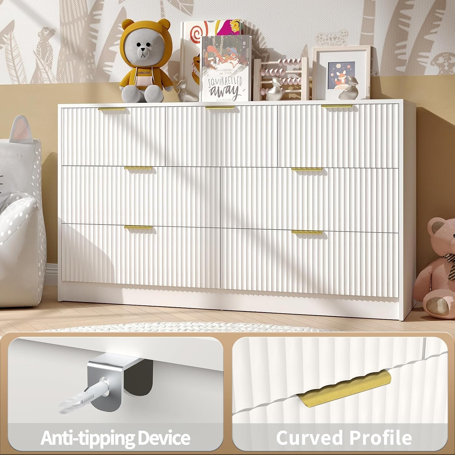 7 Drawer Dresser and Nightstand Sets, 3 Pcs Bedroom Set for Bedroom, Fluted Night Stand Set of 2 & 55' Wide Dresser w/Gold Handles, Modern Wood Chest of Drawers Storage Cabinet Set, White