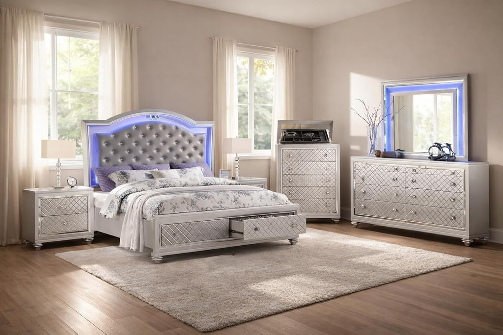 First of a Kind Shiney Contemporary 5 Piece King Bedroom Set High Gloss Silver Finish with Upholstered Headboard, Sleek Modern Bedroom Furniture Set for Coordinated Interiors
