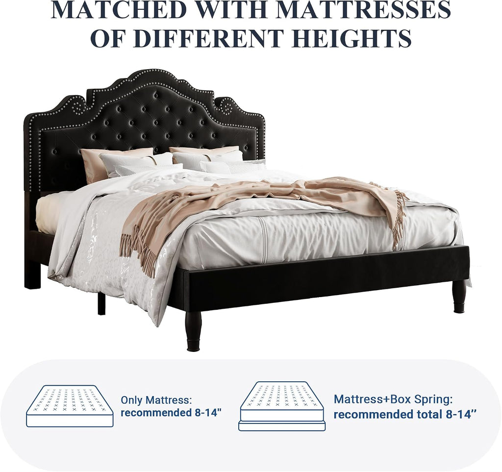 Allewie Full Size Bed Frame with Adjustable Velvet Tiara Headboard, Upholstered Diamond Button Tufted Platform Bed, Wood Slats Support, No Box Spring Needed, Black