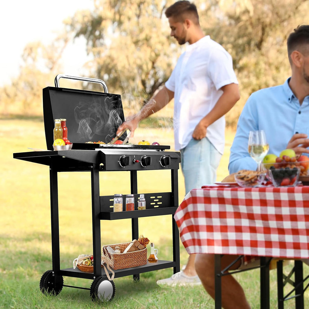 Portable 3-Burner Flat Top Gas Griddle with Side Shelves and Spice Rack, Cooking Station with Ceramic Coated Cast Iron Pan, 30000 BTU Propane Tabletop Griddle for Outdoor Barbecue, Grilling