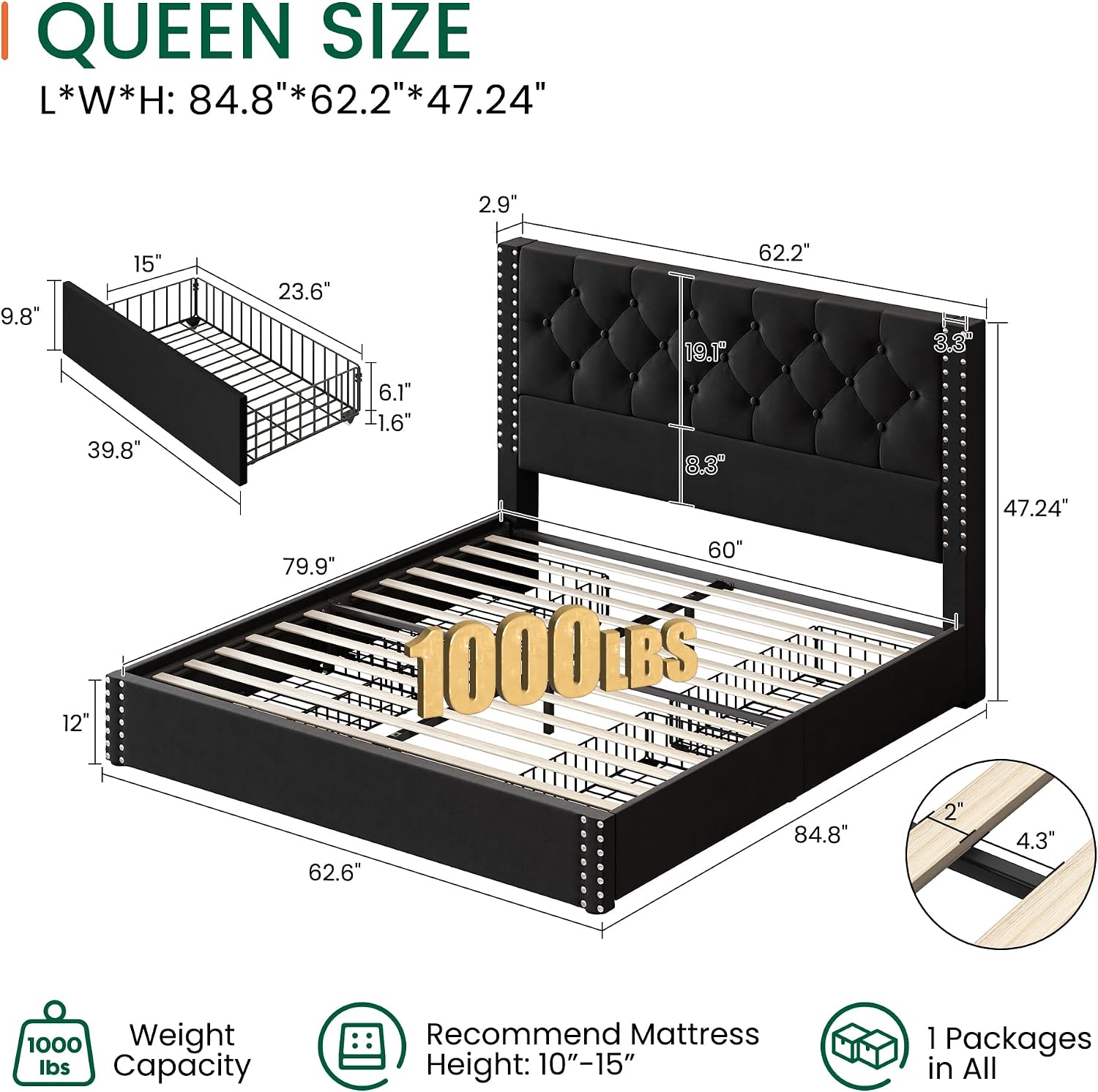 LARMACE Queen Size Platform Bed Frame with 4 Storage Drawers and Tufted Headboard Upholstered Bed Frame with Heavy Duty Wood Slats, No Box Spring Needed, Easy Assembly, Black
