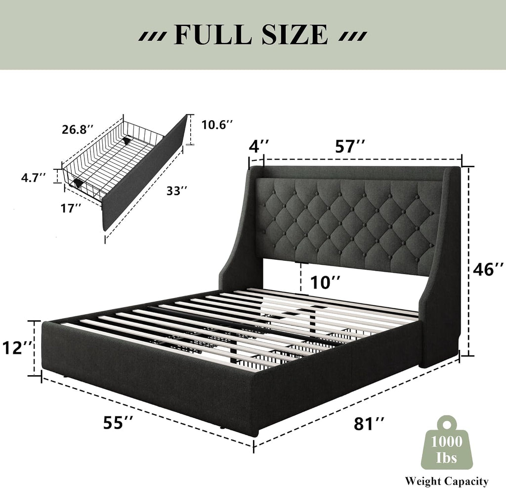 Feonase Upholstered Full Size Bed Frame with 4 Storage Drawers, Charging Station, Tufted Wingback Storage Headboard, No Box Spring Needed, Easy Assembly, Dark Grey