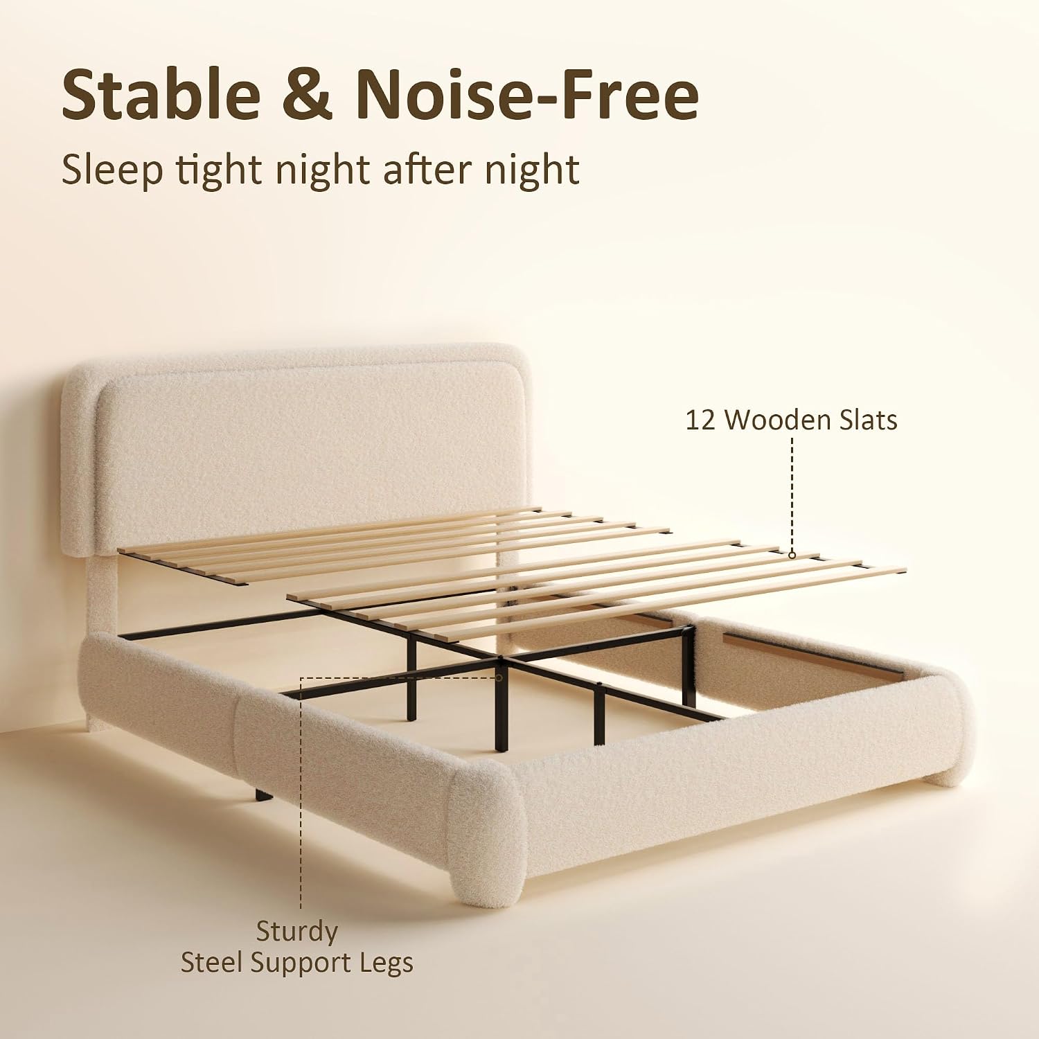 King Bed Frame, Teddy Velvet Boucle Bed Frame with 43.3'/45.3' Adjustable Upholstered Headboard, Rounded Corners, Mattress Foundation, No Box Spring Required, Beige