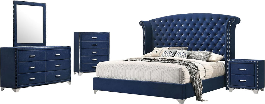 Coaster Home Furnishings Melody Modern Classic 5-Piece Bedroom Set Velvet Upholstered Queen Size Wingback Bed Frame 66-inch Headboard Pacific Blue 223371Q-S5