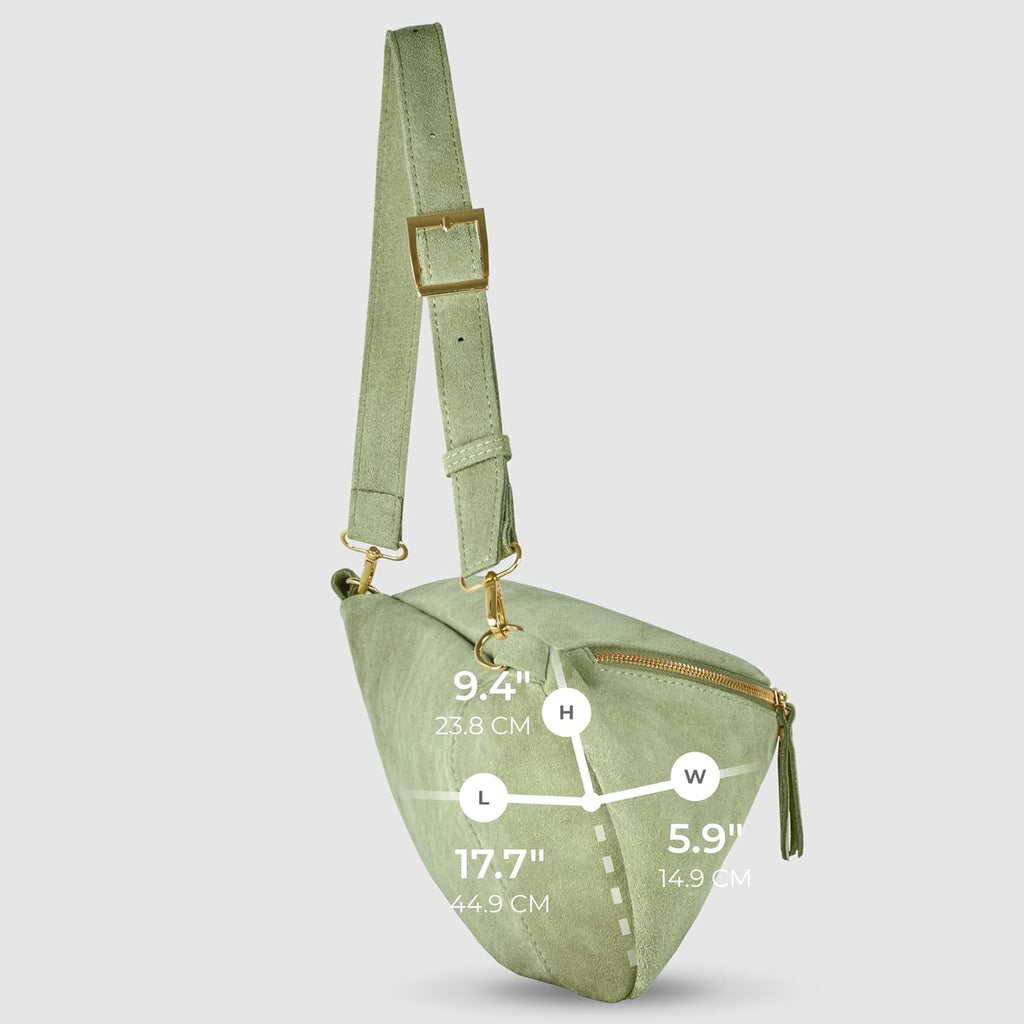 Italian Genuine Suede Crossbody Bag for Women with Zipper & Detachable Strap | Large Travel Chest Sling Fanny Pack (Moss)