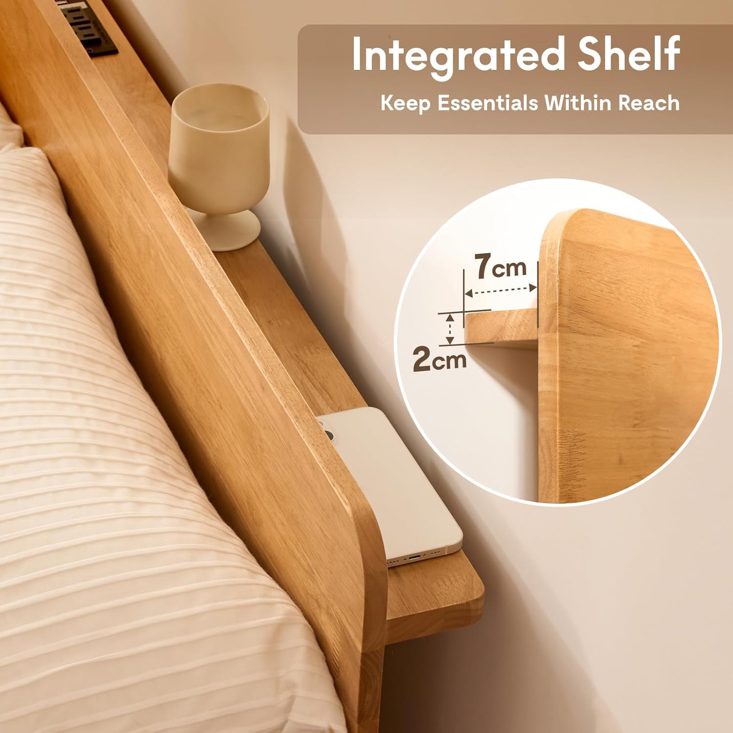 FLEXISPOT Hako G1 Solid Wood Platform Bed Frame Queen,Rubberwood,Tool-Free Assembly,Low Profile Floating,Storage Shelf&Charging Station,Modern Scandinavian Japanese Minimalist,Heavy Duty,Natural Oak