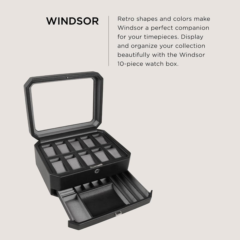 WOLF Windsor 10-Piece Watch Box with Drawer, Black - Features 10 Watch Compartments, Eight Ring Rolls & 17 Jewelry Compartments - Vegan Leather Exterior