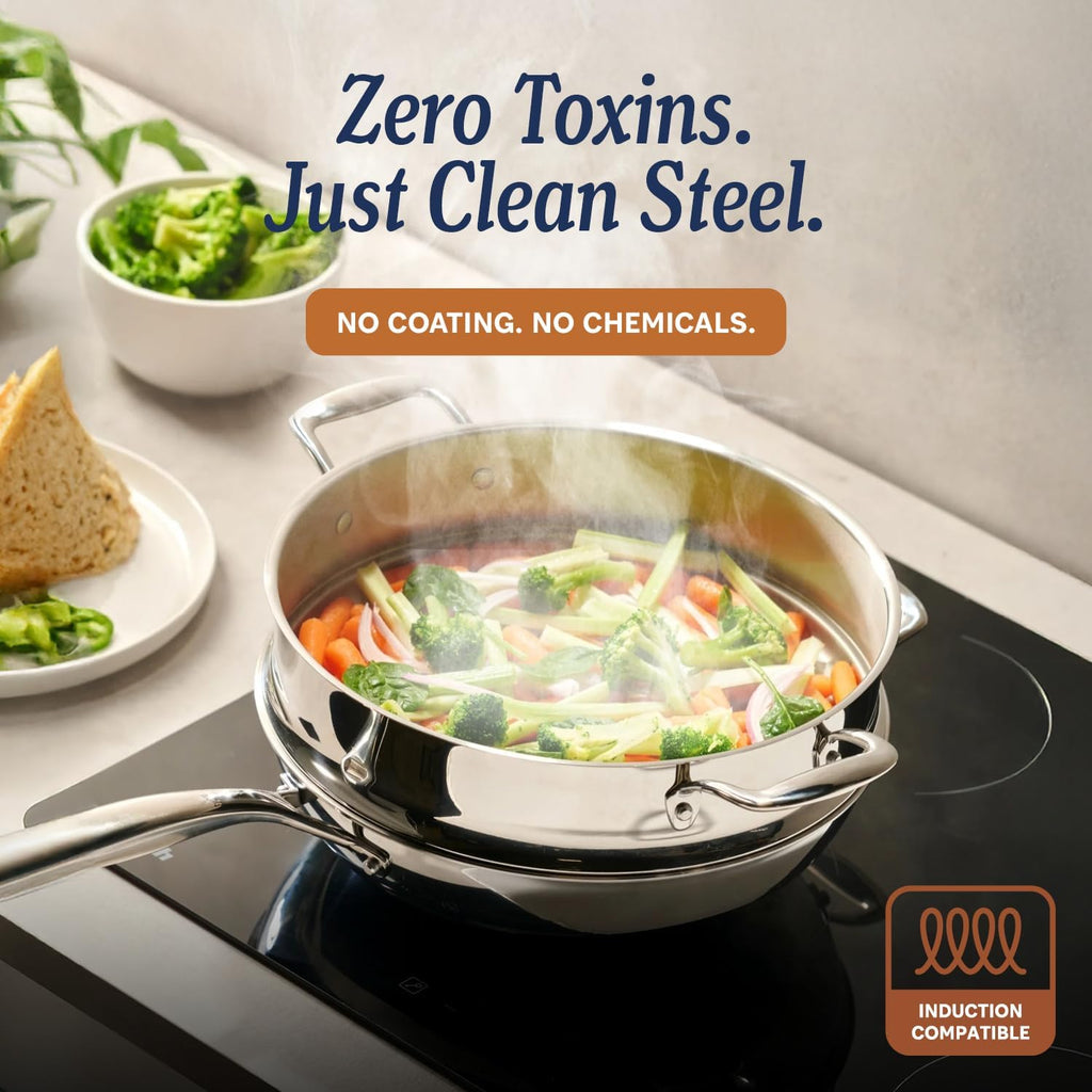 LEGEND COOKWARE 5-Ply Stainless Steel 5-Quart Saute Pan with Lid - Induction Compatible, Oven Safe 800°F - Non-Toxic, No Coatings - Even Heating, Won't Warp - Built to Last Generations
