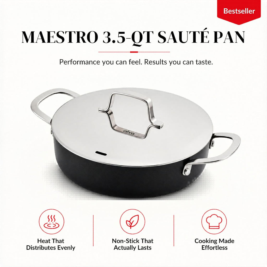 Alva Maestro 3.5 Qt Nonstick Ceramic Saute Pan with Lid, Non Stick Pan with Lid, Saute Pan Nonstick, Large Skillet with Lid, PFAS Free, Induction Compatible, Oven Safe Cooking Pan