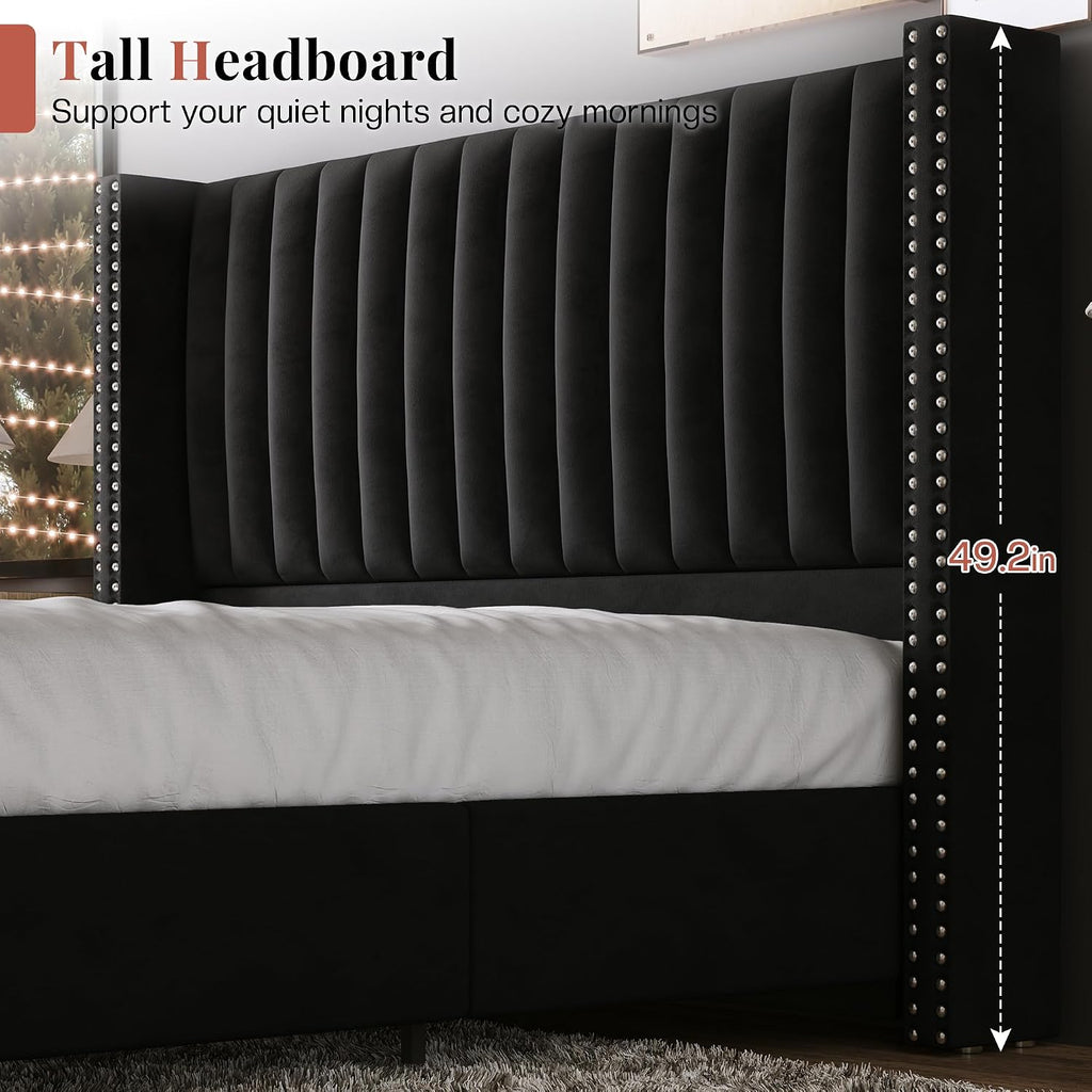 Jocisland Queen Bed Frame with 49.2' Tall Wingback Headboard,Velvet Upholstered Platform Bed for Couples,Guest Bedrooms & Apartments,No Box Spring Needed, Easy Assembly, Black